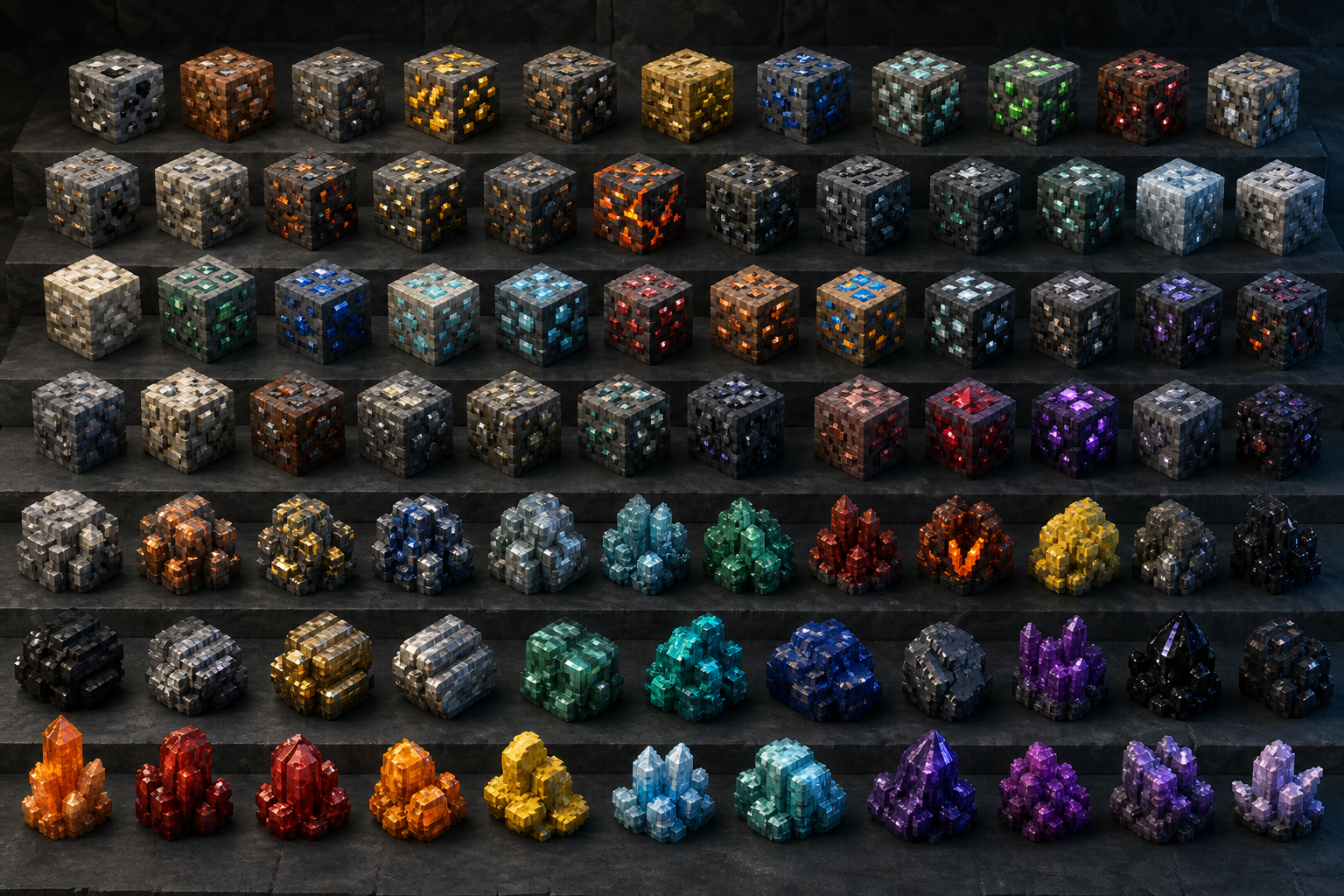 Colección 3D voxel de setenta bloques minerales de Boserhaft